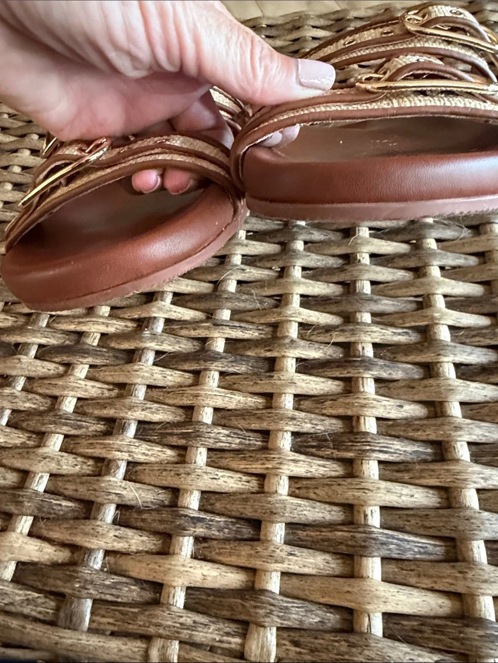 J. Crew Tan Slide Sandals with Cream Straps and Gold Buckles